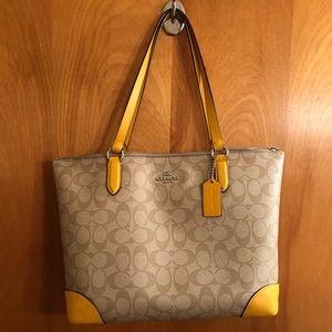 Coach Zip Top Tote Shoulder Bag In Khaki & Yellow